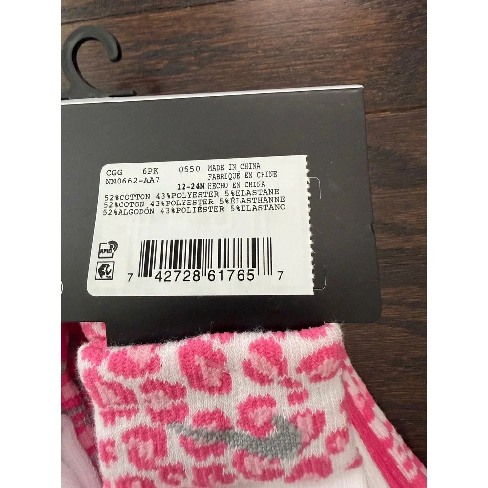 Nike Infant Girls 6 Pack Ankle Socks Pink Leopard Print 12-24 Months NN0662-AA7